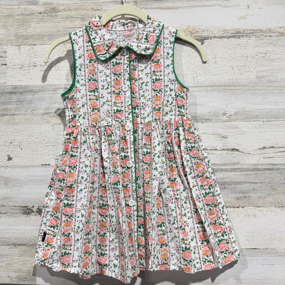 Floral Stripe Dress Girls 7Y White Pink Green Cottagecore